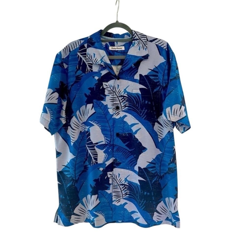 TOMMY BAHAMA Size Large Blue Big Palm Fronds IslandZone Men Hawaiian Camp Shirt